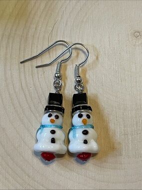 Festive Snowman Lampwork Glass Drop Earrings